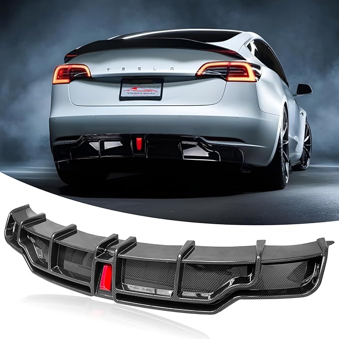 for 2017-2023 Tesla Model 3 Rear Diffuser w/LED Brake Light, Model 3 Rear Bumper Lip, Tesla Model 3 Diffuser Valance Panel Accessories (Carbon Fiber)