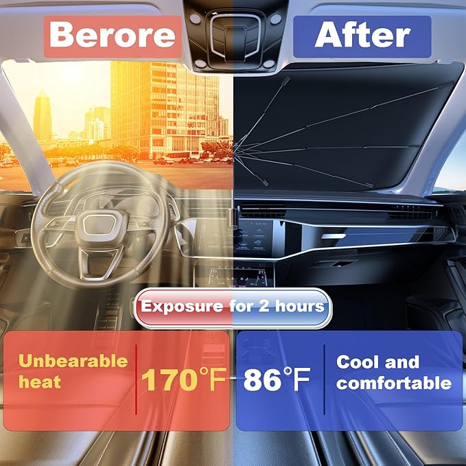 Windshield Sun Shade Umbrella for Car Front Window Sun Visor for Windshield Car Summer Accessories Protect Interior from UV Rays & Heat for Sedan, Compact SUV, Hatchbacks 57"*31"
