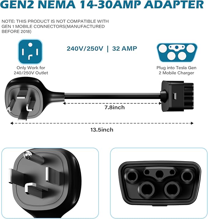 HiFind NEMA 14-30 Adapter for Tesla Gen 2 Mobile Charger 1 Ft, Connect Tesla Portable Charger to 14-30 Plug 240/250V Outlet 32Amp Fast Charging for EV, Model S/3/X/Y, Safe & Durable, ETL, Black