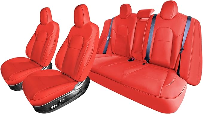 FH Group Custom Fit Car Seat Covers Specifically Made for 2017–2023 Tesla Model 3 Full Set Solid Red Faux Leather Car Seat Covers, Waterproof Automotive Seat Covers, Tesla Accessories