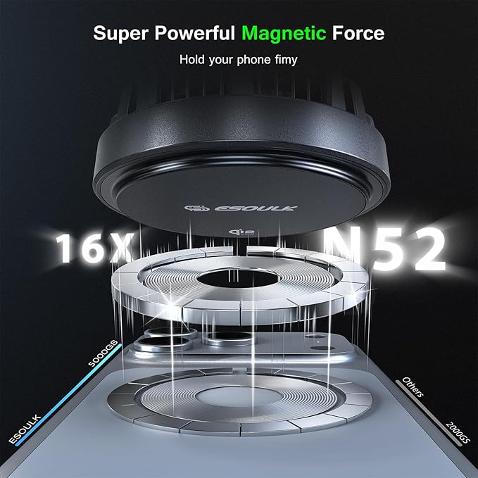 Esoulk Qi2-Certified 25W Fast Wireless Phone Charger, Magnetic Phone Mount Charger with Cooling Fan, Wireless Phone Charger, Magnetic Car Phone Holder for Tesla Model S 3 X Y, iPhone 17/16/15/14/13/12