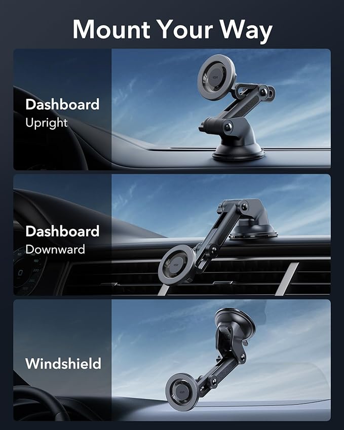 ESR Dashboard Magnetic Phone Holder for Car, for MagSafe Car Mount, Windshield Vacuum Car Mount for iPhone 17/16/16e/15/14/13/12, Samsung, Pixel 10, Charging Not Supported, 2 Metal Rings Included