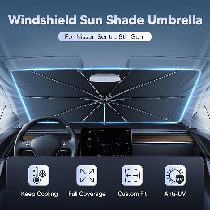 Autorder Windshield Sun Shade Umbrella for 2020-2025 Nissan Sentra Accessories,Upgraded Ice Crystal Material,Easy Setup Umbrella Sunshade for Car Windshield,100% Sun Blocking