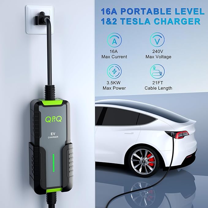 QPQ Level 1/2 Tesla Charger 16A, Portable Electric Car EV Charger for Tesla Models Y/X/3/S, 21FT Cable 240V NEMA 6-20 Plug 120V NEMA 5-15 Adapter, NACS Connector, 3.5KW Home EV Charging Station
