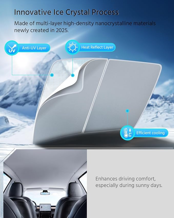 Farmogo Sunshade Roof for Tesla Model y Accessories 2020-2024 [Never Sag, Nano Ice-Crystal Coatings] Block UV and Keep Cooling for Tesla odel Y Accessories (Gray) 2pcs