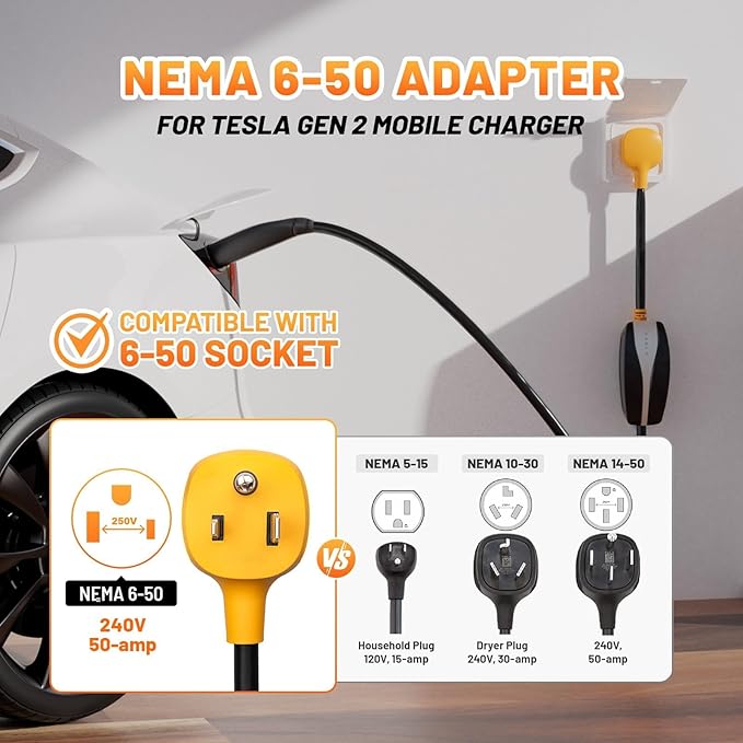 MECMO NEMA 6-50 Adapter for Tesla Gen 2 Mobile Charger, 32 Amp 240V, NEMA 6-50P to Tesla Gen II Mobile Connector Adaptor for Tesla Model 3/Y/S/X Level 2 Charging at 3 Prong Welder Outlet