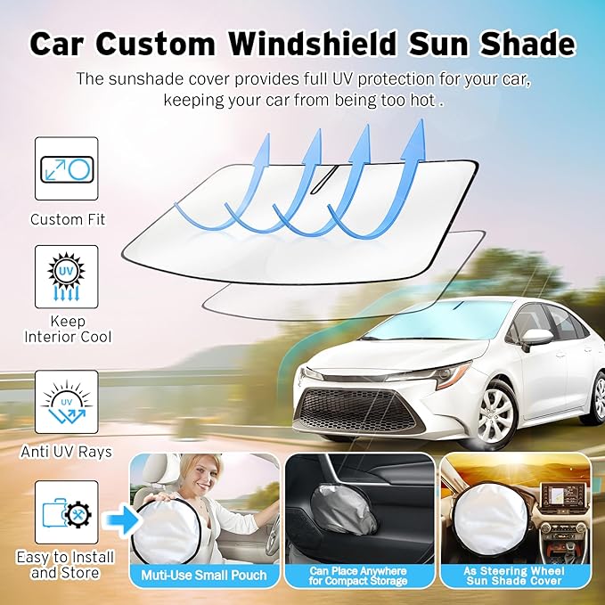 Windshield Sun Shade for Toyota Corolla 2019-2024 2025, Upgraded Heat Insulation Window Cover for Toyota Corolla Accessories, Windshield Shade for Corolla 2022 2023 (Steering Wheel Cover Included)