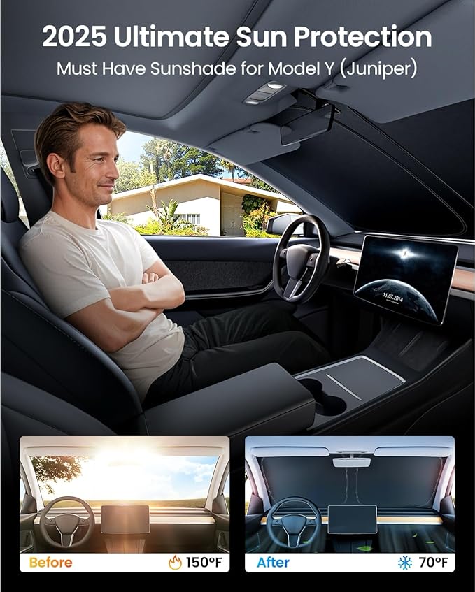 REEVAA Upgraded Tesla New Model Y (Juniper) Sunshade Windshield [Tailored Fit, 99% Sun Protection] Foldable Sun Shade Accessories with Storage Bag for Model Y 2016-2026, Silver Coating