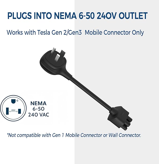 Premium Adapter for Tesla Gen 2/Gen 3 Mobile Charger | Connect to 240V Outlet | 30 Amp Charging | 10 Inch Length (NEMA 6-50)