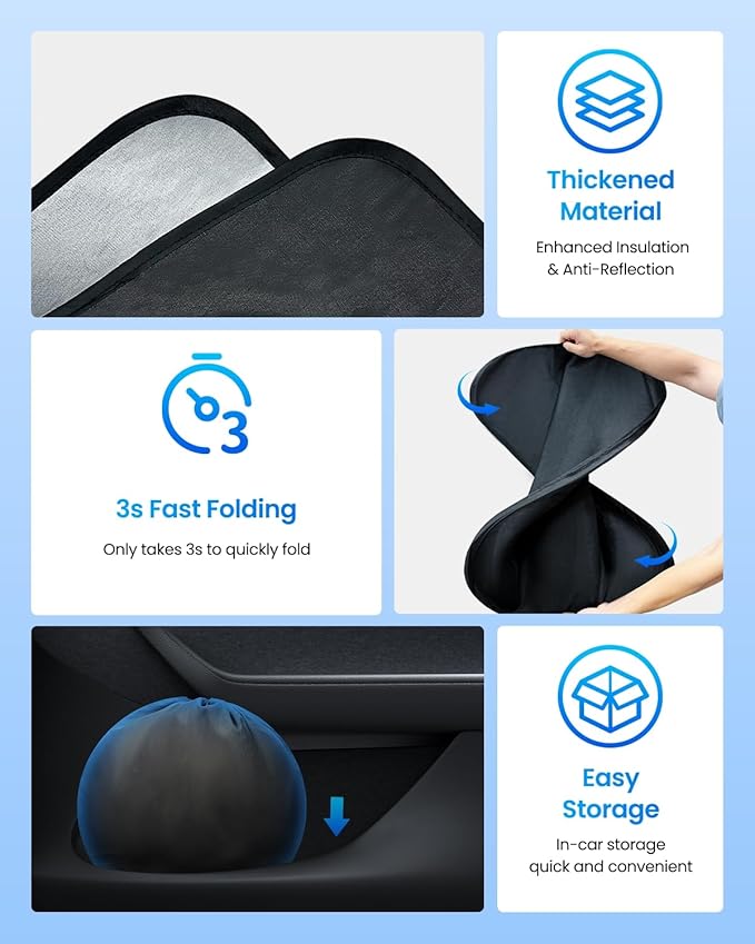 REEVAA Upgraded Tesla Model S Sunshade Windshield [Tailored Fit, 99% Sun Protection] Excellent Foldable and Easy-Use Sunshade Accessories with Storage Bag Fit Model S 2021-2025, Silver Coating