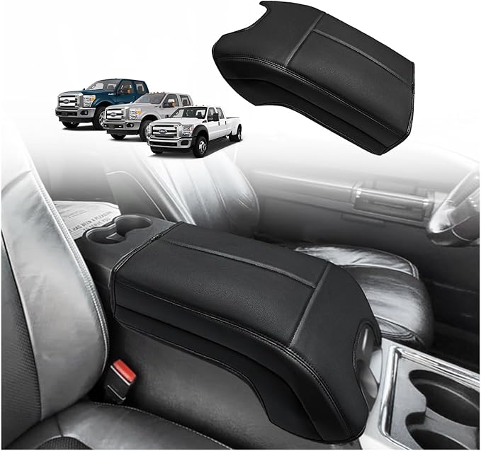 Muslogy Center Console Armrest Cover Fit for Ford F250 F350 F450 2011-2016 Super Duty Accessories, Comfort Armrest Pad Console Lid Cushion Vegan Leather Regular Thick(Bucket Seat ONLY)