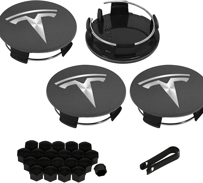 4 Pack Exterior Decoration Wheel Center Cover for Tesla Model 3 Model Y,56mm Hubcaps Wheel Rim Cover Tesla Center Caps Hubcaps+20 Black Lug Nut Covers (Matte Grey+Silver Emblem)