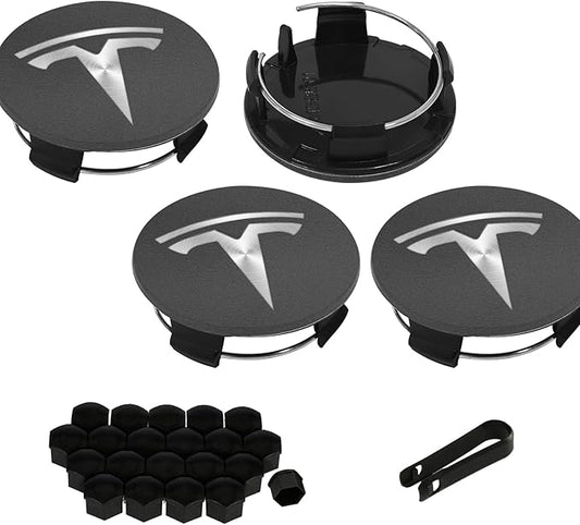 4 Pack Exterior Decoration Wheel Center Cover for Tesla Model 3 Model Y,56mm Hubcaps Wheel Rim Cover Tesla Center Caps Hubcaps+20 Black Lug Nut Covers (Matte Grey+Silver Emblem)