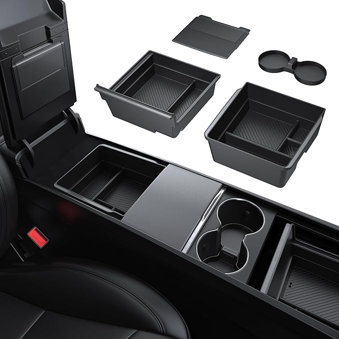 BASENOR 2026 Tesla Model Y Model 3 Center Console Organizer Tray, Cup Holder Armrest Hidden Storage Box for 2025 2026 Model Y Juniper 2024 2025 2026 Tesla 3 Highland