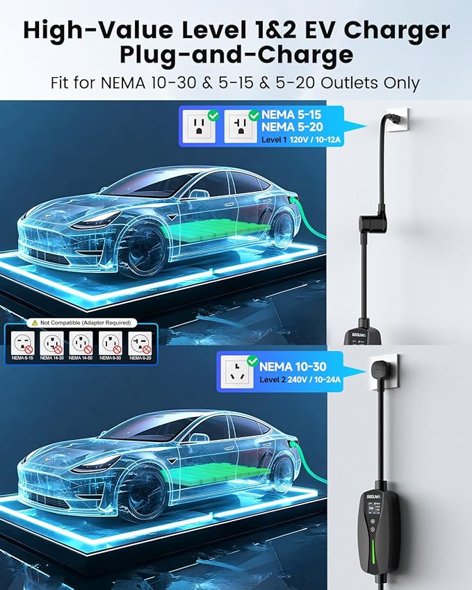 SEGUMA Level 1/2 Tesla Charger (10A-24A)-Dual Voltage 240V NEMA 10-30 3-Prong Dryer Outlet Plug & 120V NEMA 5-15 Adapter, 25ft Extension Cable, Portable Home Mobile NACS Connector for Model Y/3/S/X