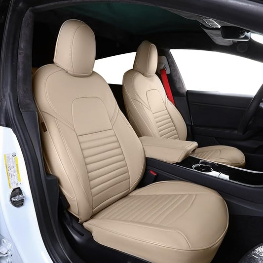 EKR Model S Seat Covers Custom Fit for Tesla Model S 2016 2017 2018 2019 2020,(Front Adjustable Headrests, Rear Partial Side Coverage),Leather Truck Seat Cover Full Set for SUV,Faux Leather(Beige)
