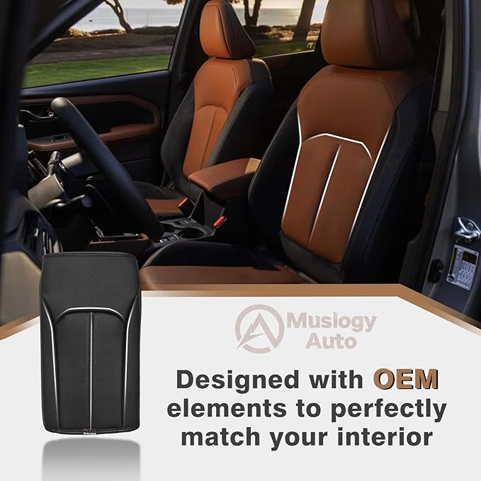 Muslogy Center Console Armrest Cover Fit for Subaru Forester 2025 Accessories, Comfort Armrest Pad Console Lid Cushion Vegan Leather Regular Thick (Black/Brown Trim)