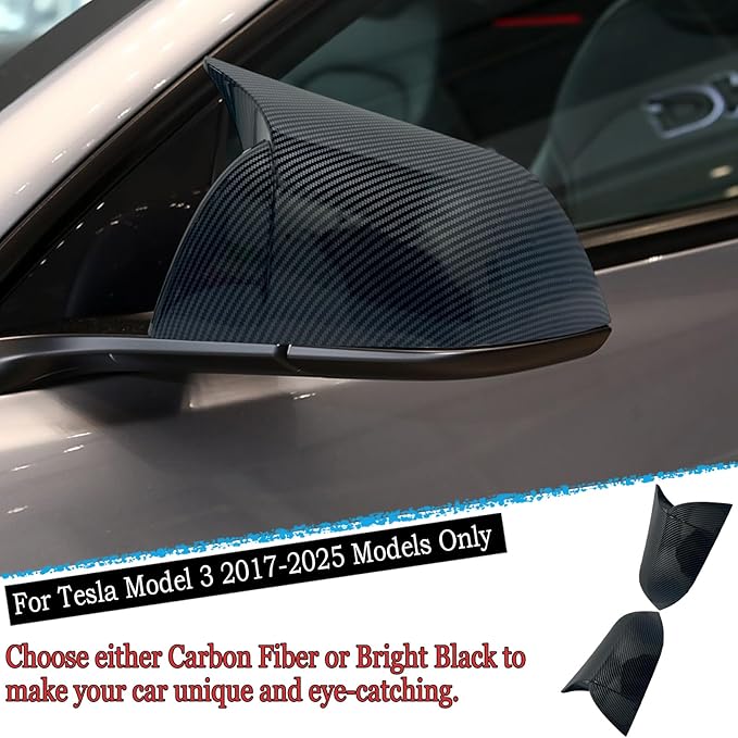 Side Mirror Cover,for Tesla Model 3 2017-2025，2PCS Horned Turn Signal housing Cover Sets car Accessories -Carbon Fiber