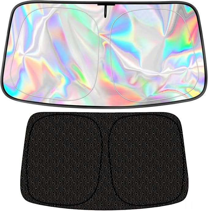 Premium Windshield Sun Shade for Tesla Model 3/Y (2016-2025) - 5-Layer Reflective Blocks UV & Heat, Heavy Duty Foldable Sunshade with Metal Frame, Iridescent Color to Keep Interior Cool