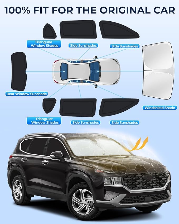 for Hyundai Santa Fe 2019-2023 Car Window Shades, 8pcs Privacy Sun Shade Set for Front Windshield Side and Rear Windows, Full Window Covers Keeps Vehicle Cool for Camping Napping