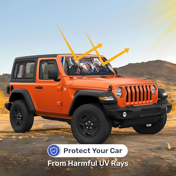 Horror Movie Character Windshield Sun Shade for Car SUV Truck (53x17 Inches), Automobile Sunshade, Protector Blocks UV, Christmas Car Decor