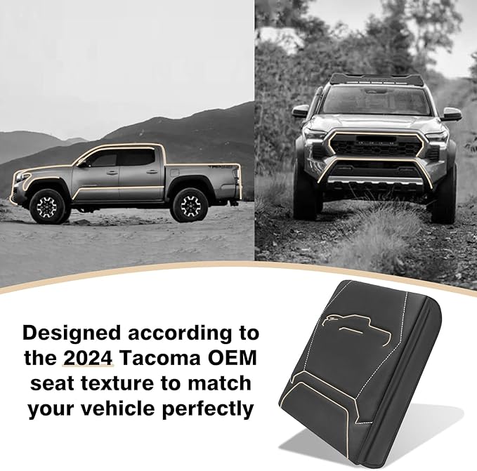 Muslogy Center Console Armrest Cover Fit for Toyota Tacoma 2024 2025 2026 Accessories, Comfort Armrest Pad Console Lid Cushion Vegan Leather 1-Inch Extra Thick(Black/Gray Stitching)