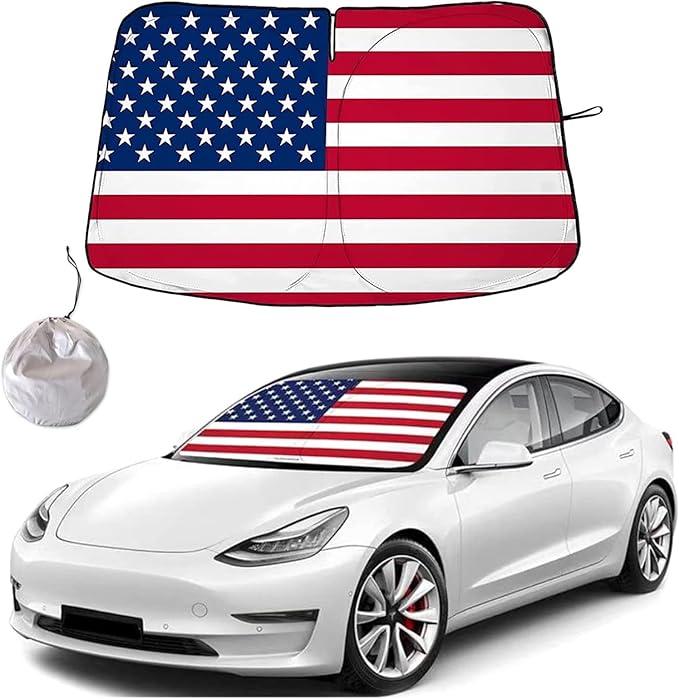 Car Windshield Sunshade Compatible with Tesla Model 3/Y/X/S,for USA Flag Front Window Shades Foldable Windshield Cover Reflective Sun Visor Protector,fit Tesla Model 3/Y Accessories.