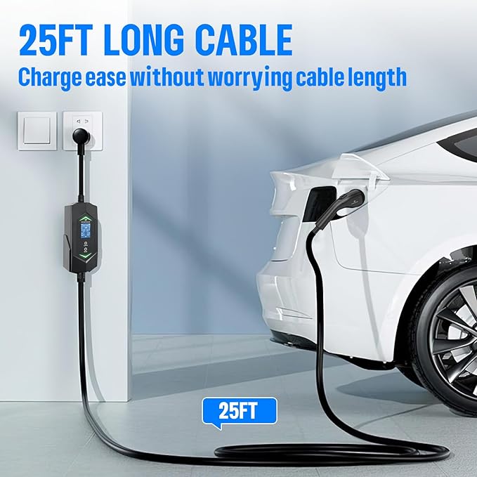Portable Level 2 Ev Charger for All SAE J1772 EVs, 25ft ETL Listed Electric Vehicle Charger, Smart Adjustable 6-16A,120-240V, Timer Function,Weatherproof IP66 with NEMA 6-20 Plug