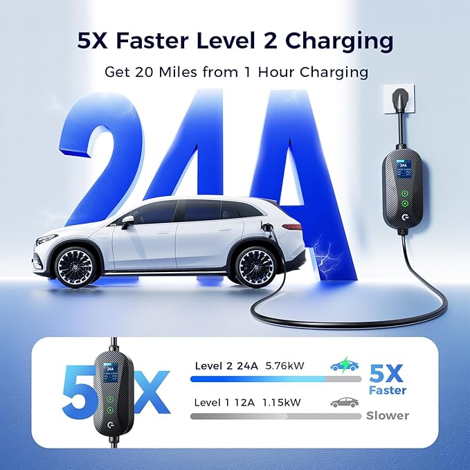 Carbon Fiber Level 2 EV Charger, 24A Adjustable Current/Timer/Smart Display, NEMA 14-30 Dryer Outlet & 14-50 Plug, 21FT EV Charging Cable, J1772 Connector for SEA J1772 EVs/PHEVs