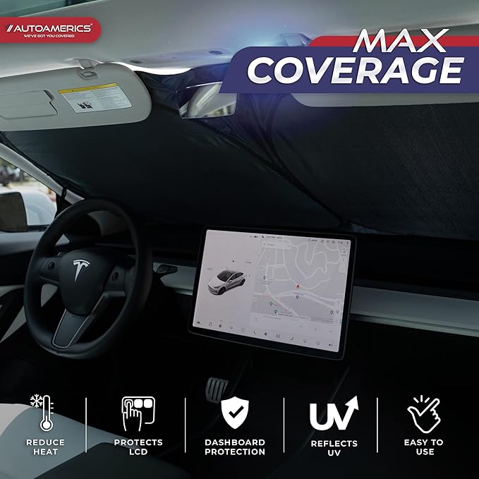 Autoamerics 1-Piece Tesla Model Y Sunshade & 3 Sunshade - Special Design for Model Y & 3 Windshield - Foldable Lightweight M3 Sun Shield - 2023 Tesla Y/3 Accessories