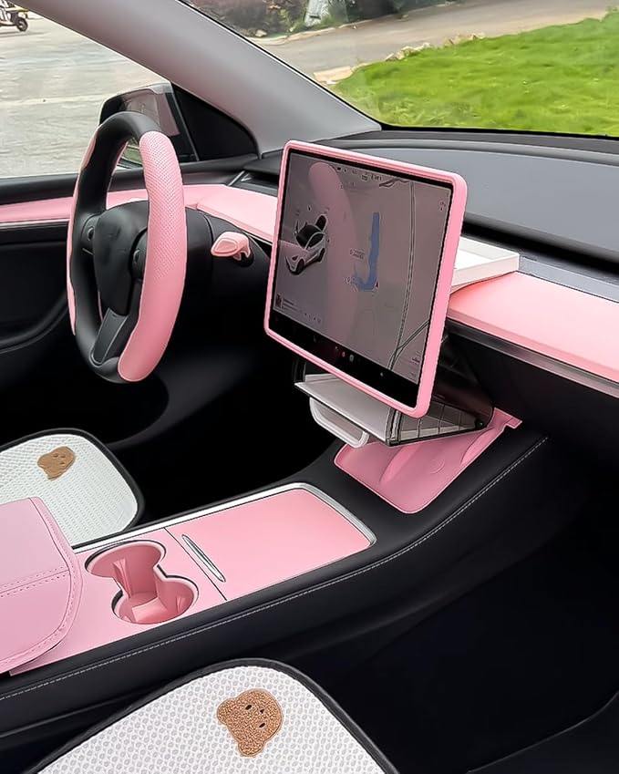 Pink Dashboard Cover and Front Door Cover Compatible with Tesla Model 3（2021-2023） and Model y（2019-2024 (Pink)