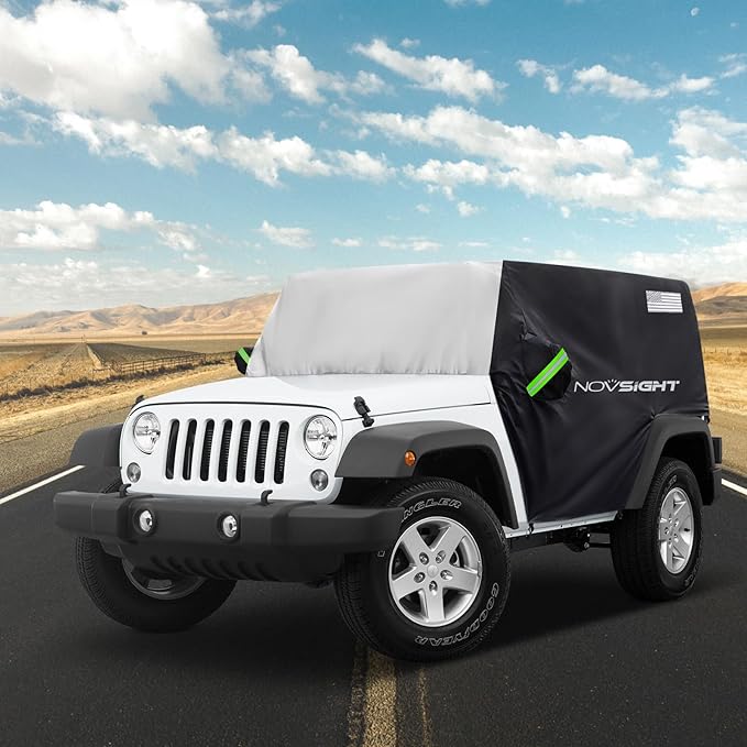 NOVSIGHT Cab Cover for Jeep Wrangler 4 Doors - 2007-2025 CJ, TJ, JK, JL, All Weather Half Car Covers for Wrangler 4 Door with 3 Straps Anti-UV Windproof Rain-Proof Auto Cover with Storage Bag