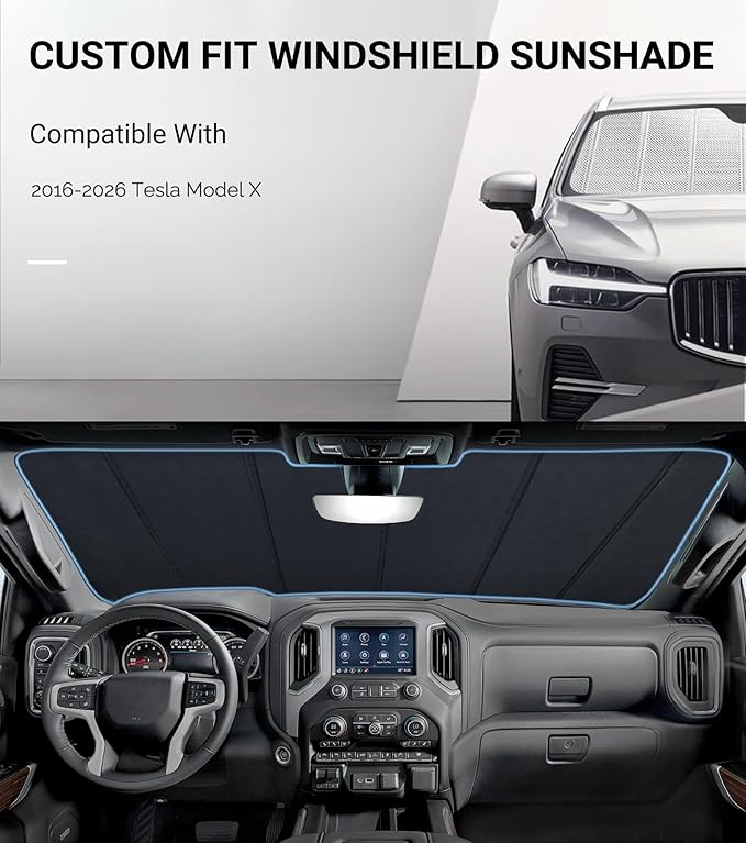 Windshield Sun Shade for Tesla Model X 2016-2025. Reflective Aluminum Film Front Window Sunshade - BLAZBLOCK B