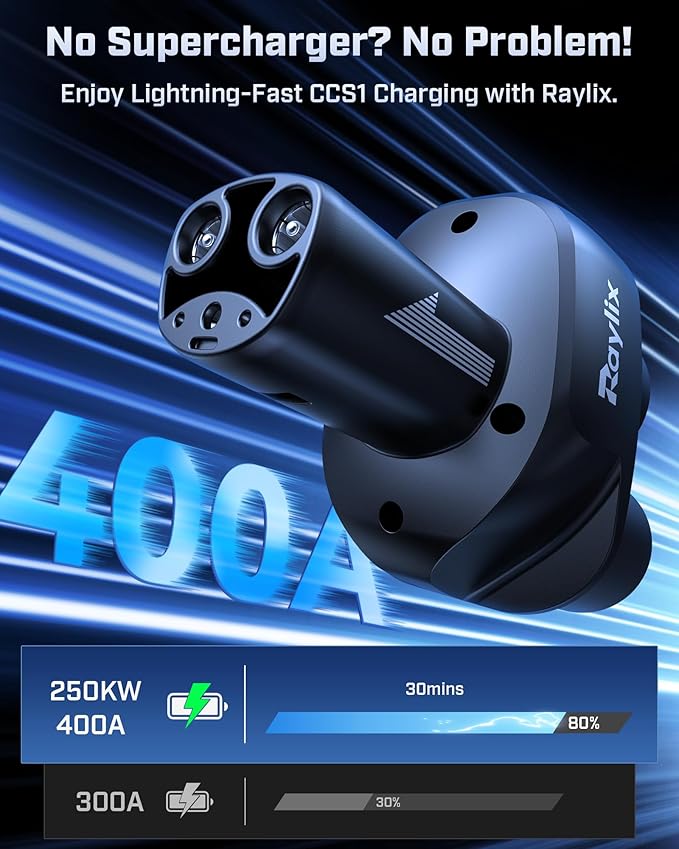 Raylix Upgraded CCS1 to Tesla Adapter, for All Tesla Models(2021-2026) & Next-Gen NACS EVs, 250kW SuperFast Charging Adapter, CCS to NACS, Only Work with DC Level 3 Charging Stations with CCS1 Plug