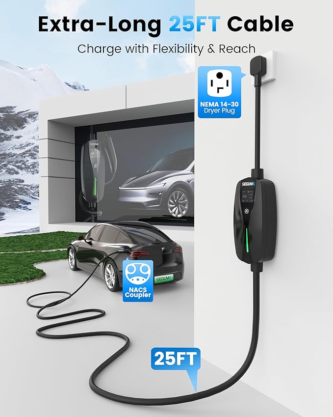 SEGUMA Level 2 Tesla Charger-24Amp 240V, NEMA 14-30 Plug, 25FT Extension Cable, Adjustable Current (10-24A)-Portable Home Mobile EV Charger for Model Y/X/3/S/Cybertruck, Fit 4-Prong Dryer Outlet