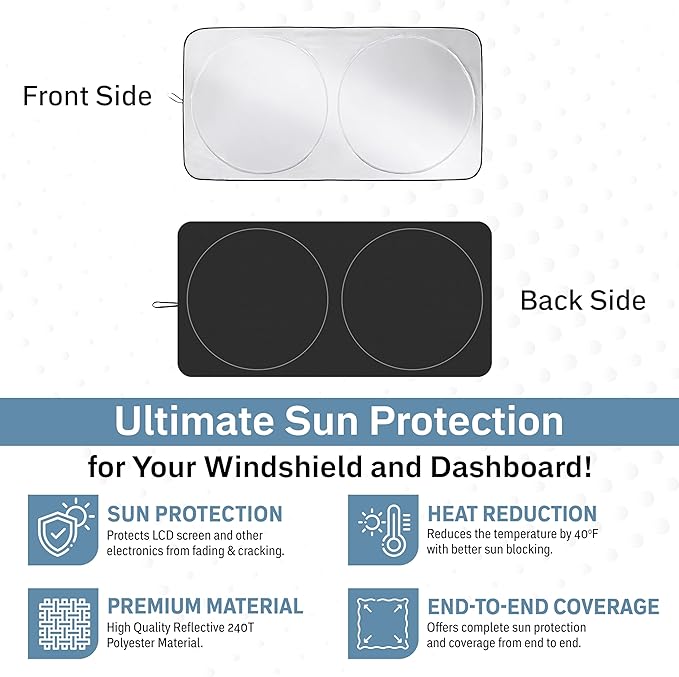 Foldable Windshield Sun Shade for Car – 280T Reflective UV and Heat Shield with Storage Bag | Keeps Interior Cool | Universal Fit for Sedans, SUVs, and Trucks – Standard (64" x 32")