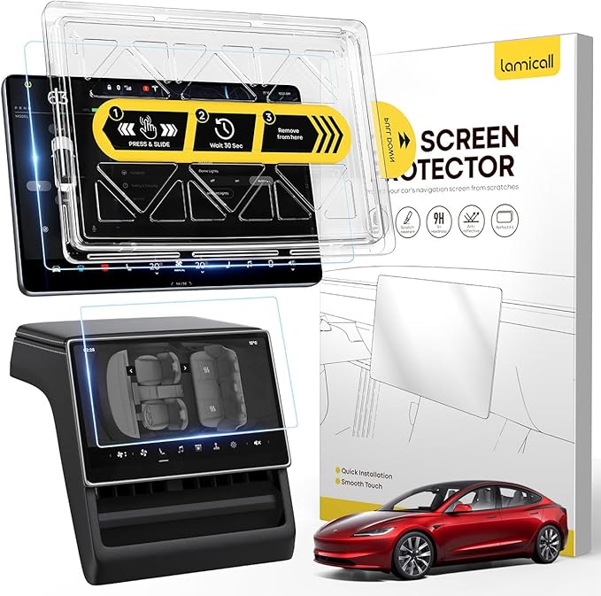 Lamicall 15.4'' Tesla Model Y Juniper 2025 & Model 3 (2024-2026) Screen Protector - [Anti Scratch & Fingerprint] 2 Pack Front & Backseat, Glossy Tempered Glass Screen Protector for Tesla Model Y Juniper / Model 3