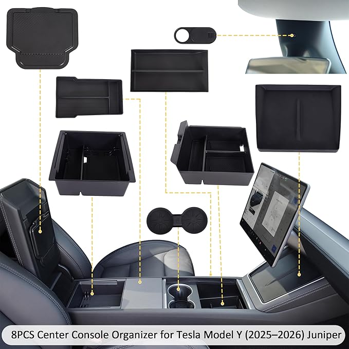 RUTU 8PCS Center Console Organizer for 2025-2026 Tesla Model Y Juniper (Premium & Performance), TPE Armrest Storage with Bottom Mats, Cup Holder, Wireless Charger Mat, Camera Cover