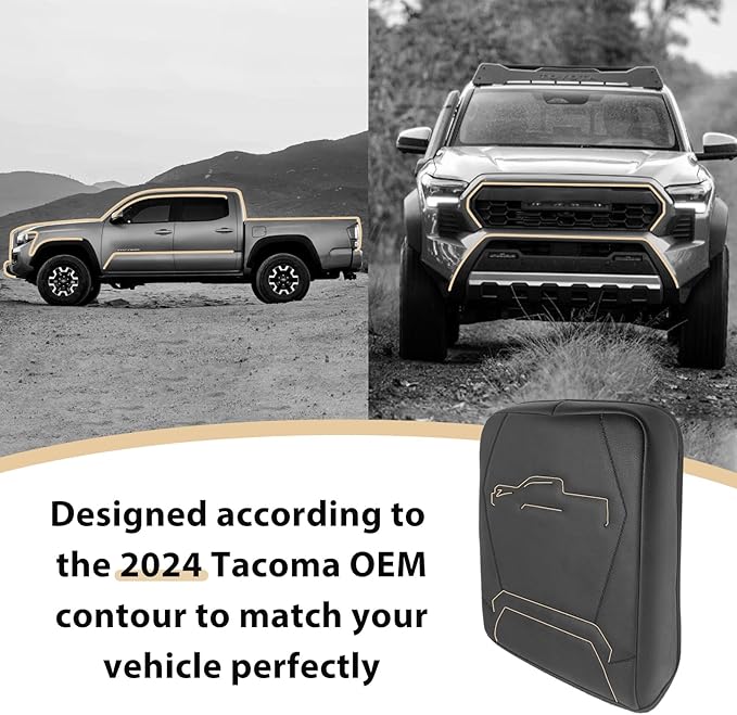 Muslogy Center Console Armrest Cover Fit for 2024 2025 2026 Toyota Tacoma Accessories, Comfort Armrest Pad Console Lid Cushion Protector Vegan Leather Regular Thick(Black/Black Trim)