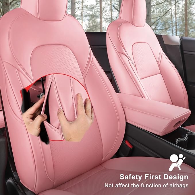 Tesla Model 3 Car Seat Covers Nappa Leather Car Interior Seat Airbag Compatible Cushion Cover Full Set Custom Fit 2023 2022 2021 2020 2019 2018, Nappa Pink