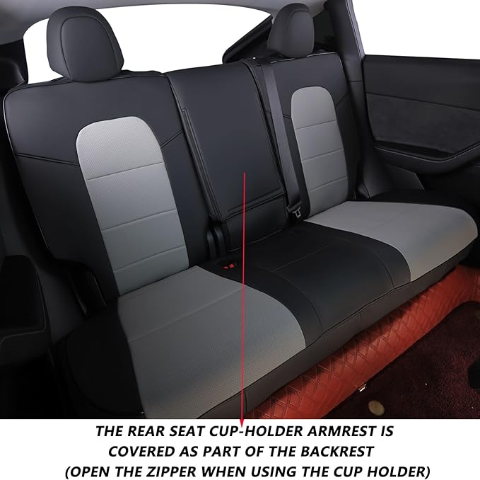 HKZ Custom Fit Model Y Leather Seat Covers for Tesla Model Y 2019 2020 2021 2022 2023 2024,5-Seat Full Set,Car Seat Protector - Black+Grey
