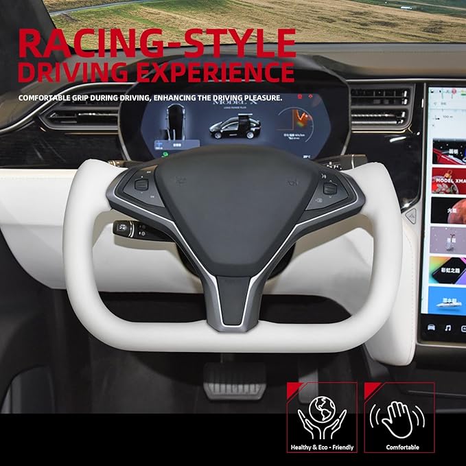 Yoke Steering Wheel, White Microfiber Smooth Leather for Tesla Model X 2016-2020,For Tesla Model S 2014-2020 With Heating Function