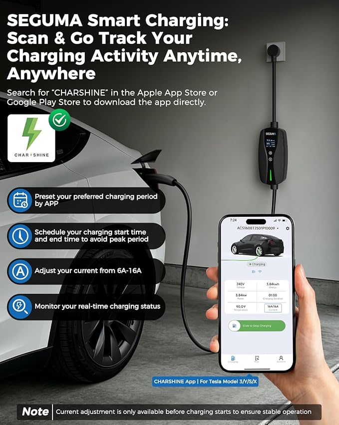 SEGUMA NACS Charger for Tesla with APP, 6-16A ETL Certified Level 1/2 Portable EV Charger, 120V/240V Dual Voltage with NEMA 5-15 Plug & 6-20 Adapter, 25FT Cable, IP66 Waterproof, Home Outdoor Station