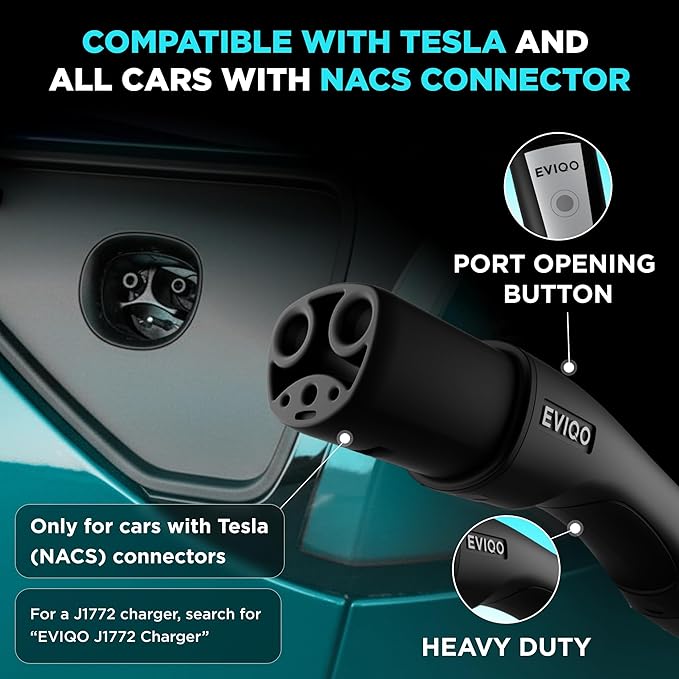 EVIQO NACS Charger for Tesla 40-48 Amp Hardwired Level 2 EV Charger - 240V Wall EV Charger Level 2, 25ft Cable, WiFi (2.4 GHz) Smart App - Weatherproof, Outdoor (IP66,NEMA 4) UL, ETL Certified
