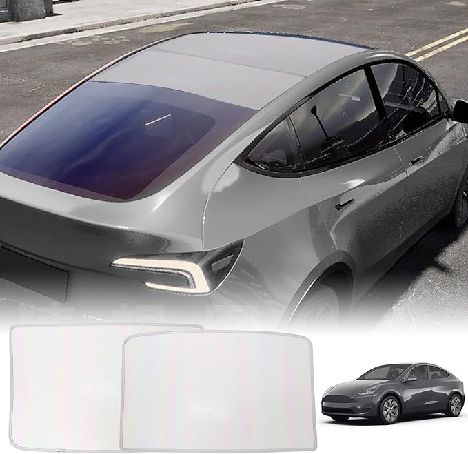 ROCCS Sunshade Roof for Tesla Model Y 2020-2024 Colorful Ice Crystal Glass Roof Sunshade Sunroof No-Sag Design Retractable Sunshade Heat Insulation Roof Window Sun Protection Snap Foldable (White)