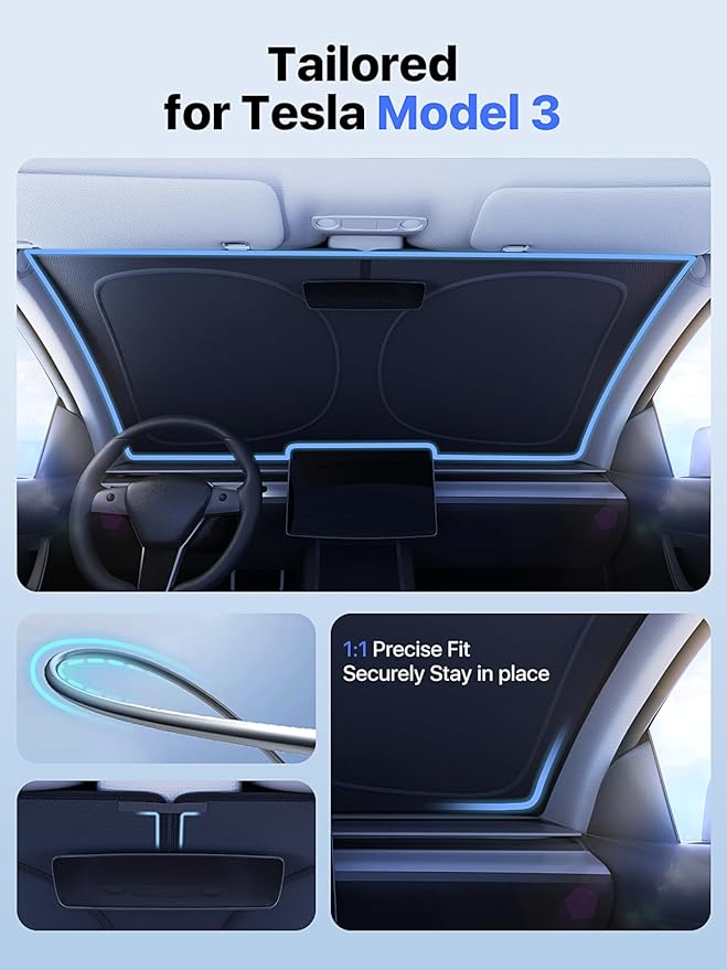 [2026 Upgraded] Nmoiss Model 3 Accessories Car Windshield Sun Shade [Dot Matrix Reflective Coating] Extended Edge No Light Leakage Design Cooling Protect Car Interior from UV Damage - Model 3