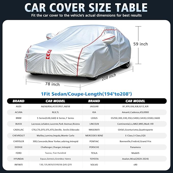 Car Cover, 360 Underbody Wrap Design, All-Weather Waterproof, Suitable for Sedans, Vehicle Body Length 194-208 in