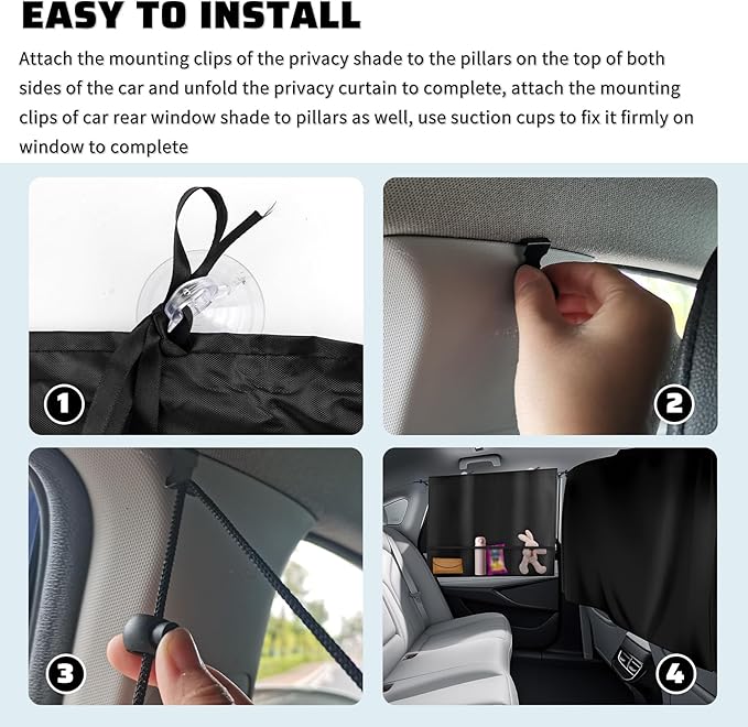 3PCS Upgraded Rear Car Window Shades,2PCS Window Shade for Car & 1PC Cars Privacy Curtain with Storage Pockets,Essential Windows Cars Shades for Sun Shading & Privacy Protection
