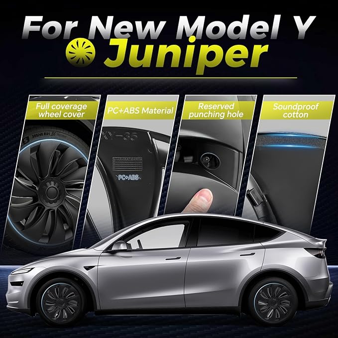 Tesla Model Y Juniper 19 Inch 4 Pcs Wheel Covers - Matte Black ABS Hubcaps with Rim Protectors | Replacement Compatible with 2025 2026 Model Y Juniper, not Compatible with Tesla Y 2021-2024