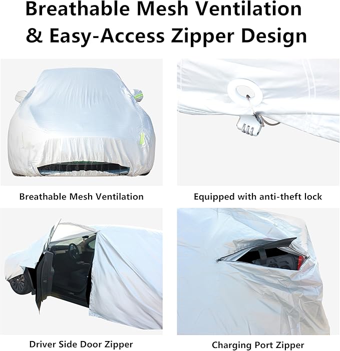 Car Cover Fit for 2017-2023 Tesla Model 3 - All-Weather Outdoor, Waterproof, UV & Rain Protection, Breathable Mesh Ventilation, Charging Port & Driver Side Zipper Access